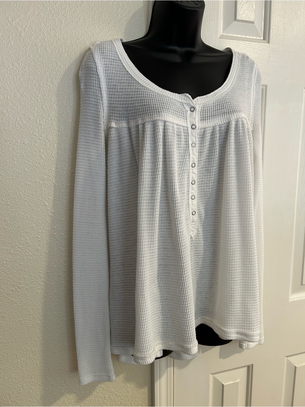 We The Free White Waffle Henley Long Sleeve Top - Scoop Neck